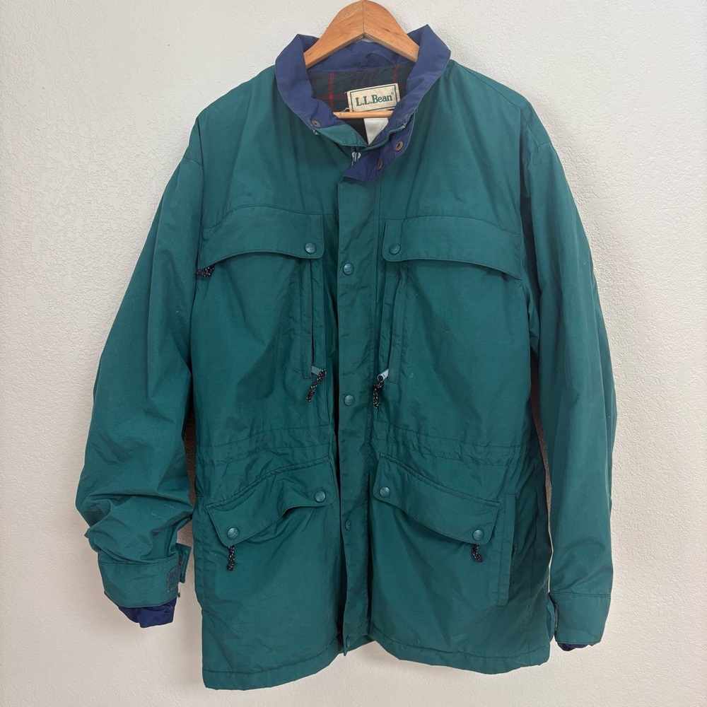L.L. Bean Vtg Teal Tartan Plaid Lined Thermal Insulated Parka Coat Jacket